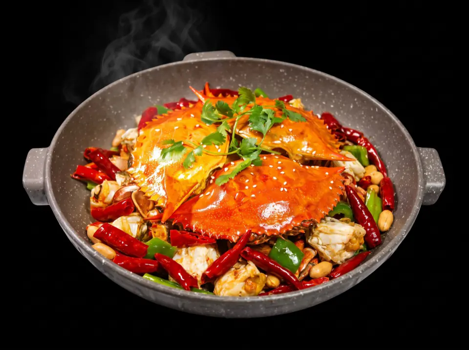 Cangrejo de concha blanda al ajillo picante (香辣面包蟹/希腊蟹(蛋黄/葱姜)) · Naxienian, restaurante chino en Barcelona