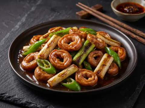 Intestinos de cerdo salteados con cebolleta