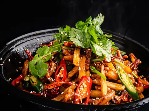 Tentáculos de calamar al wok picante